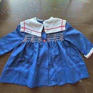 Vintage Polly Flinders Smocked Nautical Sailor Hat Infant Girls Dress 12 Months